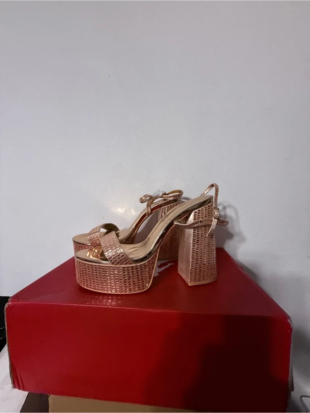Shimmery Rose Gold Platform Block Heel Sandals for Women